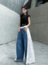 Lace Contrast Wide Denim Pants